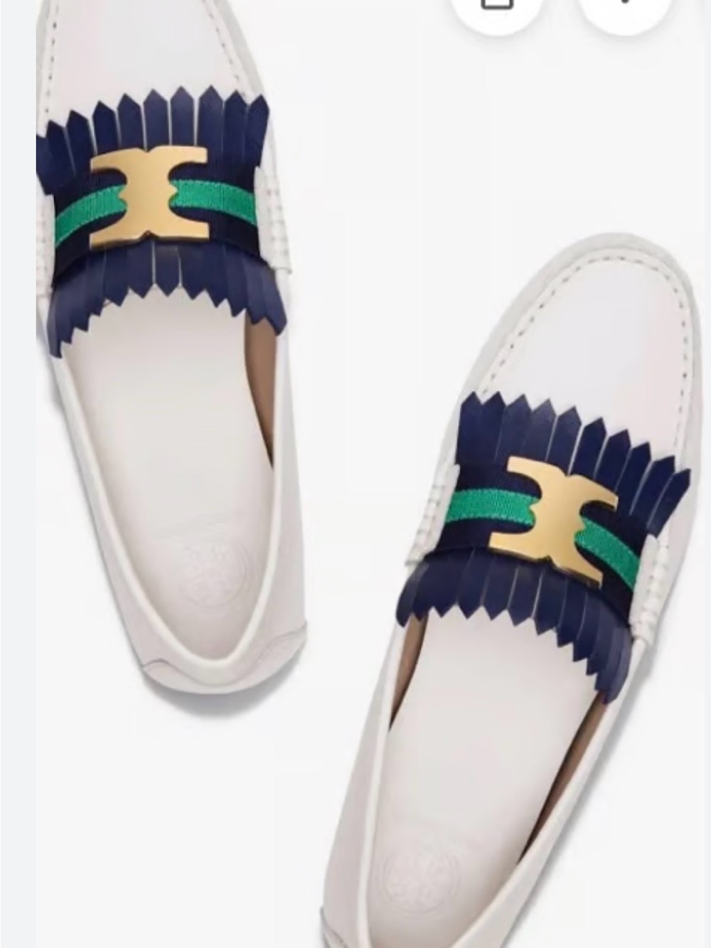 Tory Burch Gemini Link Driver Loafers with Navy Sea/Green Kiltie Sz 7